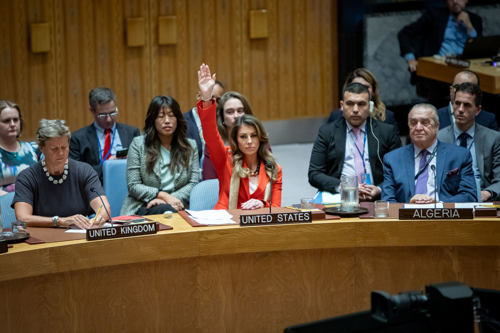 Morgan Ortagus, Minister Counsellor of the US Mission to the UN, votes against a draft resolution during the 10000th meeting of the Council on the situation in the Gaza.